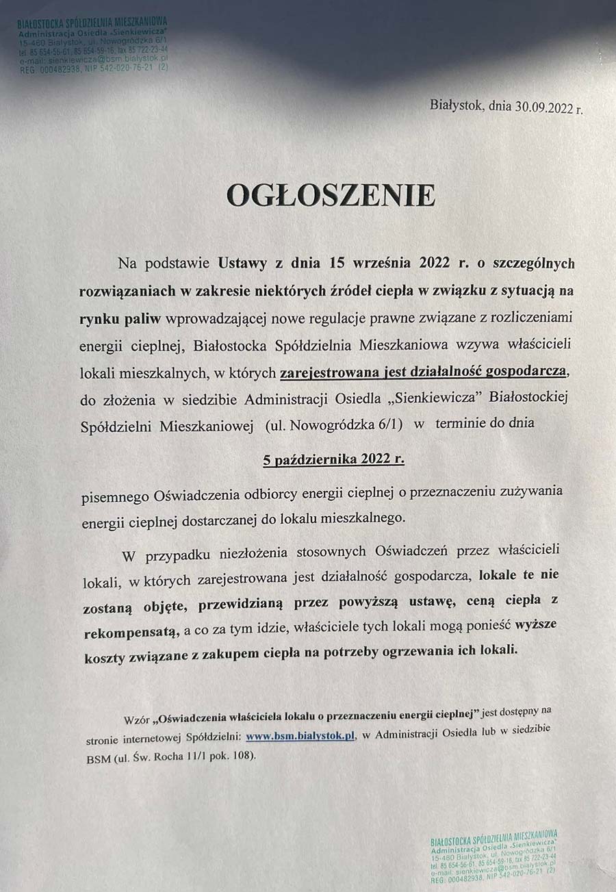 Ogłoszenie działalność gospodarcza spółdzielnia mieszkaniowa